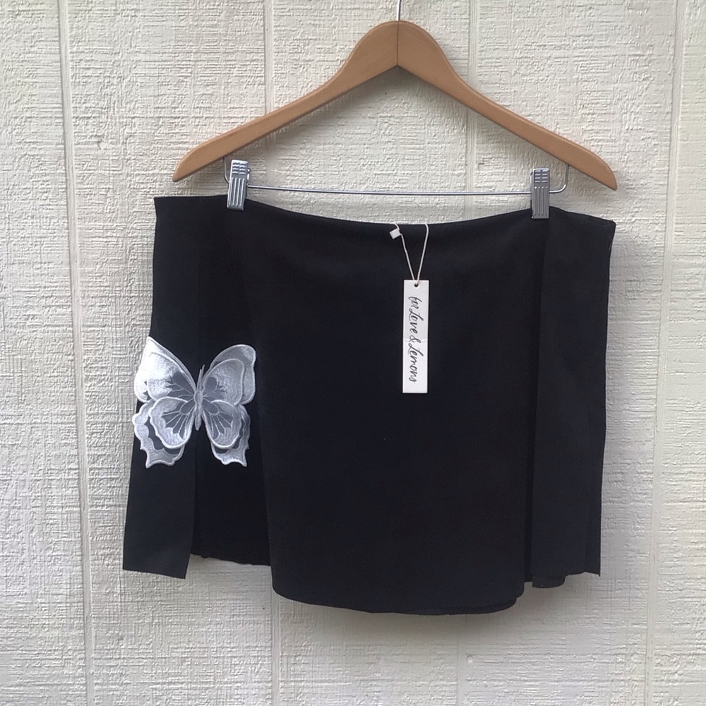 For Love and Lemons FL&L Black Butterfly Embroidered appliqué slit Skirt